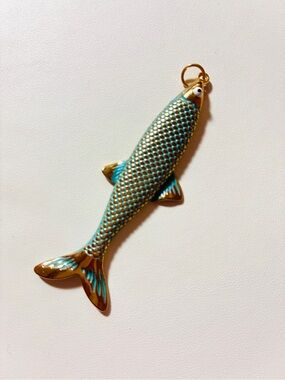 Gold & Teal Fish Charm Pendant - Accent. Fish is 7-CM equal to 3 Inches